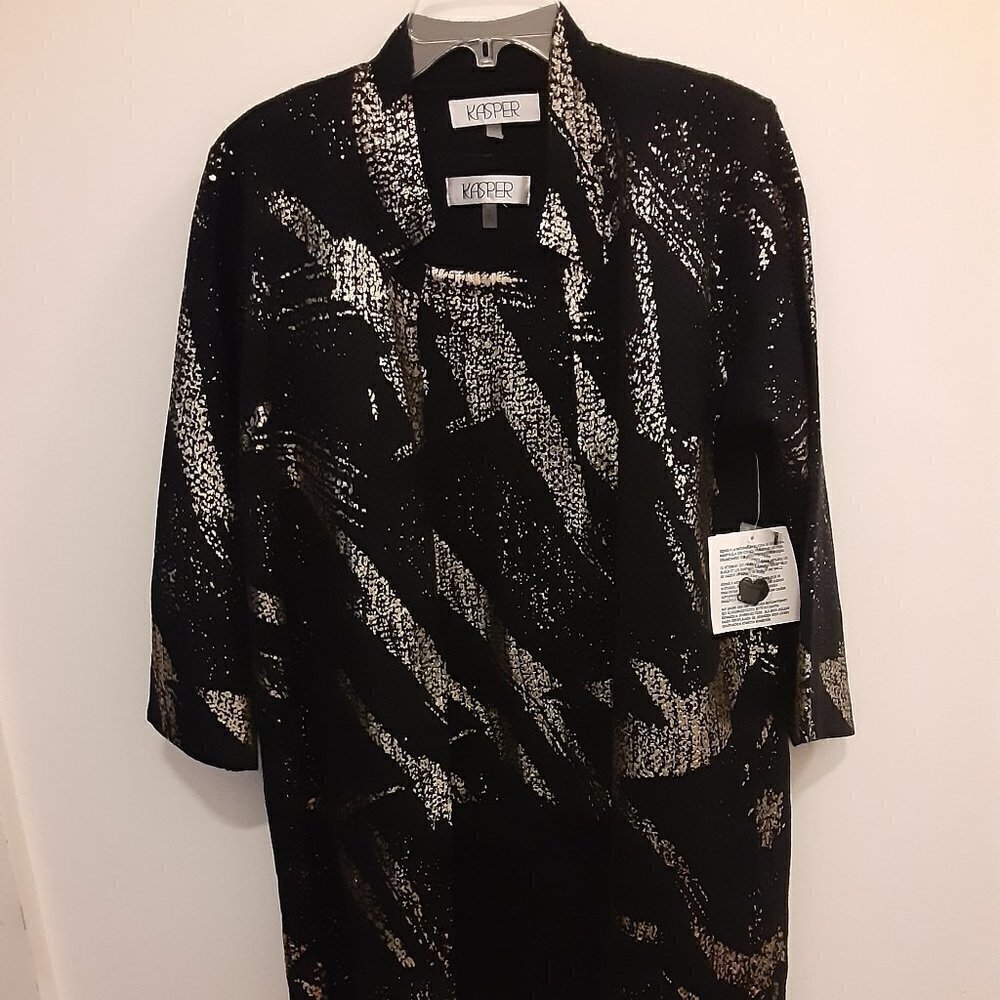 2 Piece Kasper Black w/Gold Design.Sleeveless Top Size S.Coat Long Sleeve Size M